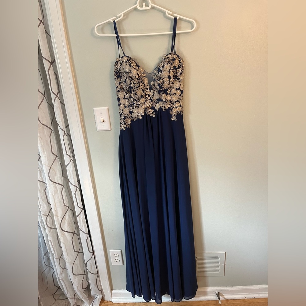 Navy Blue and Gold Floor Length Formal Dress